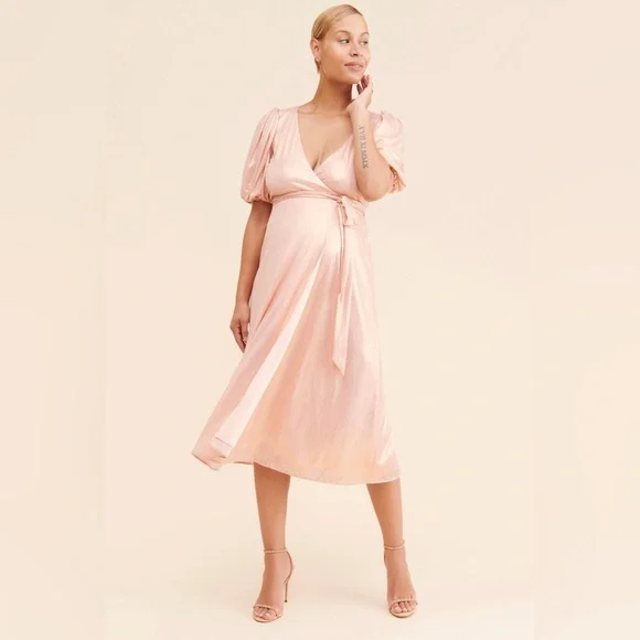 Yumi Kim Maternity Francine Soft Metallic Pink Wrap Midi Dress NWOT Small S - Picture 2 of 9